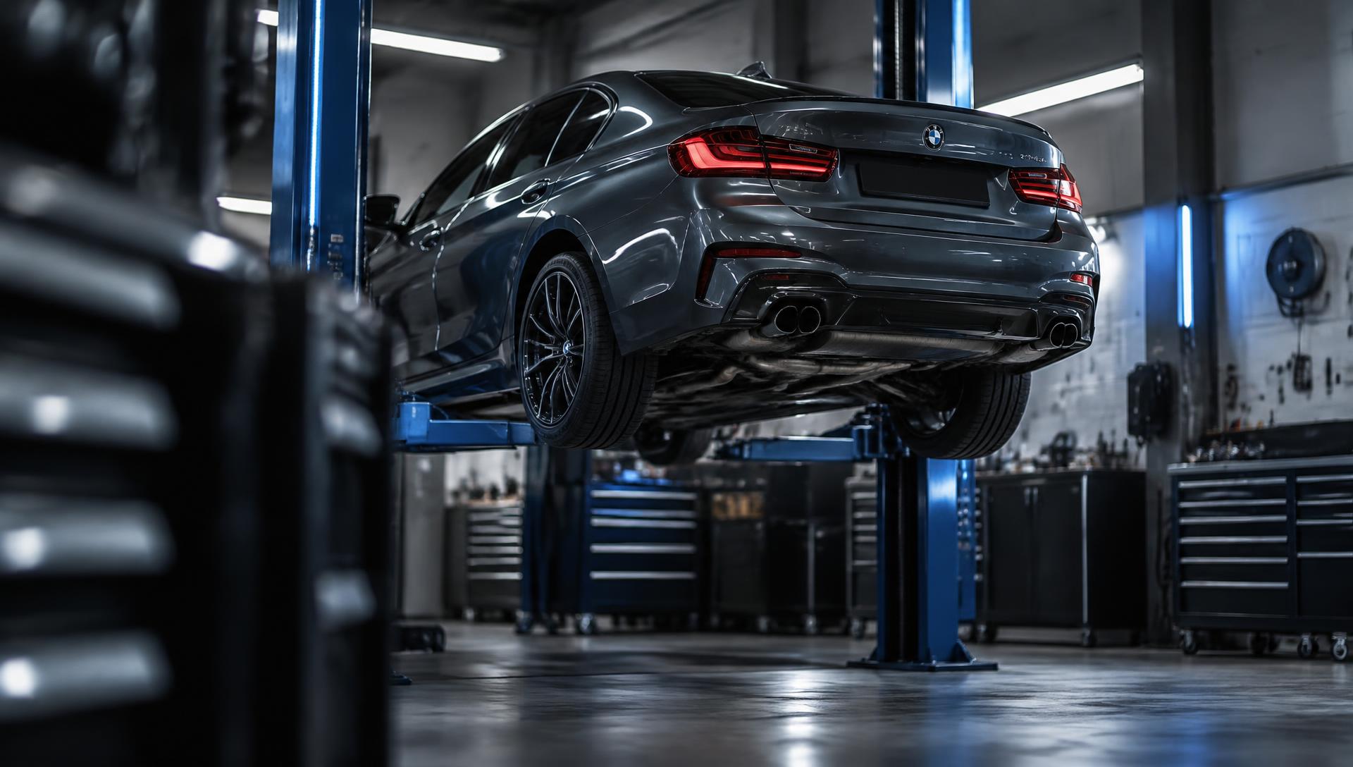 Grey saloon raised on a lift in a modern automotive workshop
